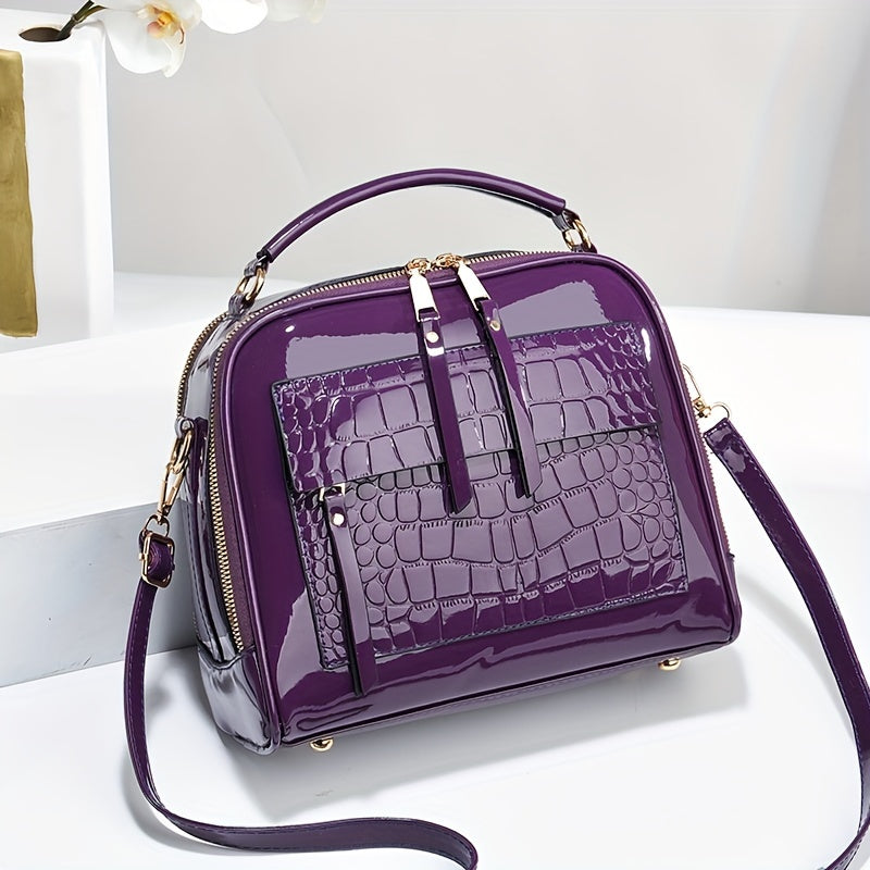 Elegantní kabelka z lakované kůže s krokodýlím vzorem, retro styl, vintage čtvercová taška přes rameno, crossbody z umělé kůže s nastavitelným popruhem pro ženy