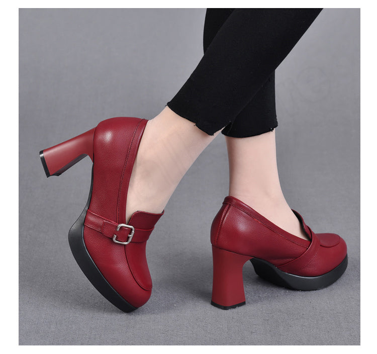 👠2025 Nové dámské kožené boty s tlustou podrážkou a tlustým podpatkem