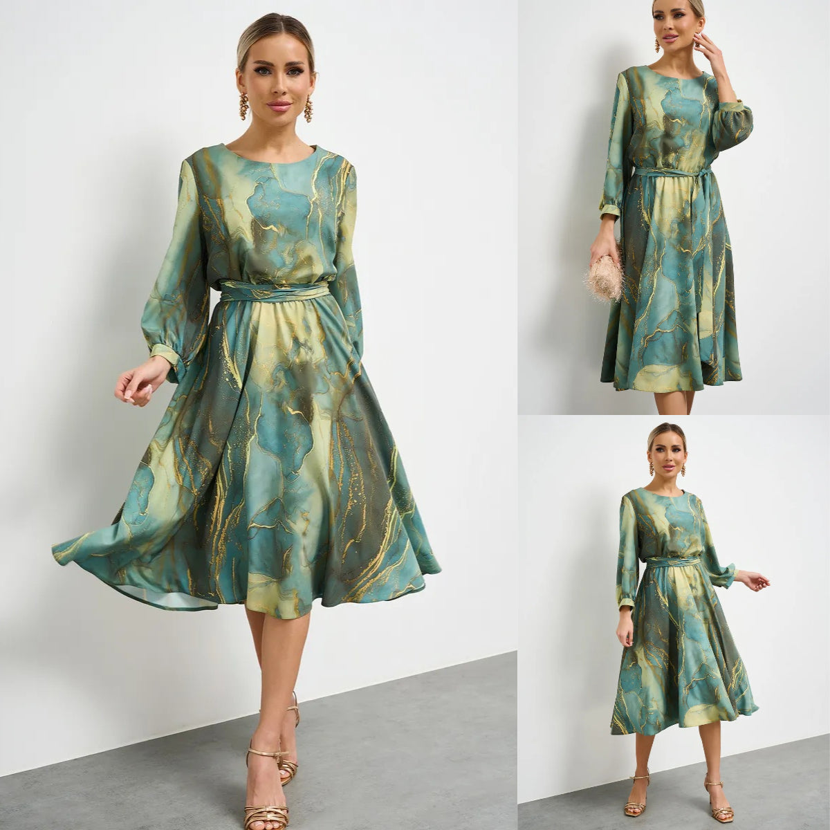 🌿👗【Zână de primăvară】 rochie verde elegantă cu mânecă lungă și fustă🌸💃