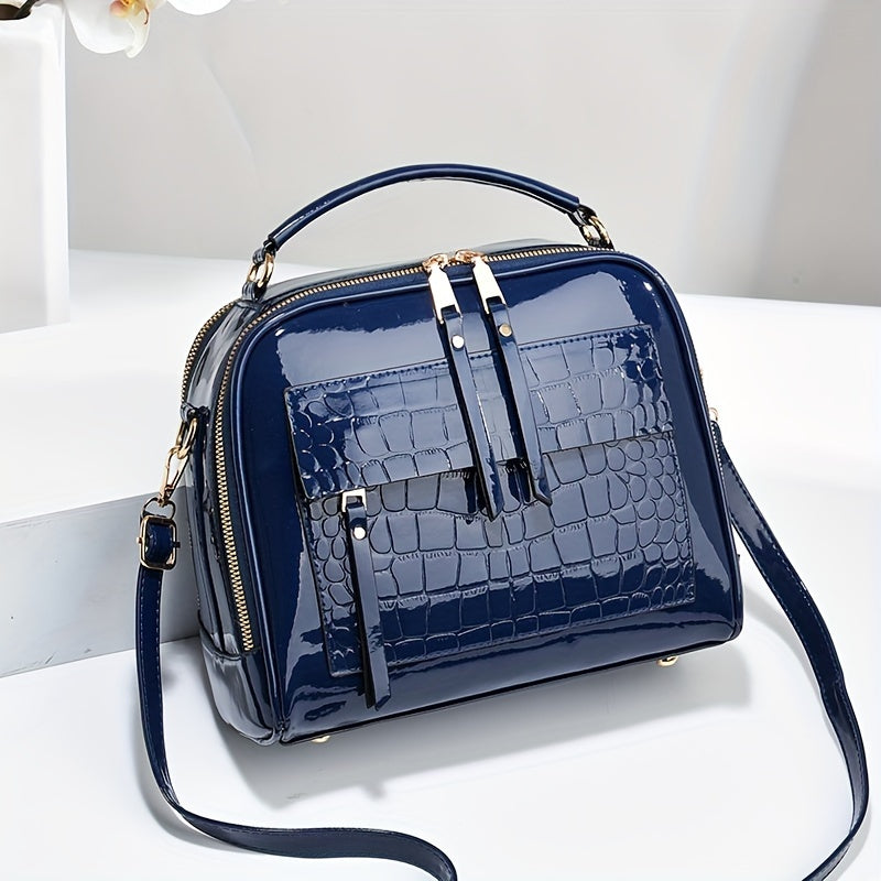Elegantní kabelka z lakované kůže s krokodýlím vzorem, retro styl, vintage čtvercová taška přes rameno, crossbody z umělé kůže s nastavitelným popruhem pro ženy