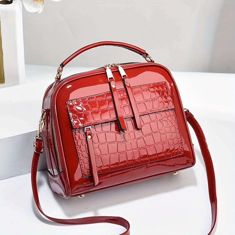 Elegantní kabelka z lakované kůže s krokodýlím vzorem, retro styl, vintage čtvercová taška přes rameno, crossbody z umělé kůže s nastavitelným popruhem pro ženy