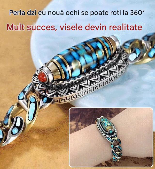 Brățară din argint 925, retro, cu șase cifre, turcoaz, cu mărgele de transfer Mantra
