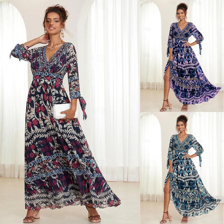 💟【S-5XL】👗2024 Rochie nouă, sexy, cu decolteu în V, imprimată elegantă