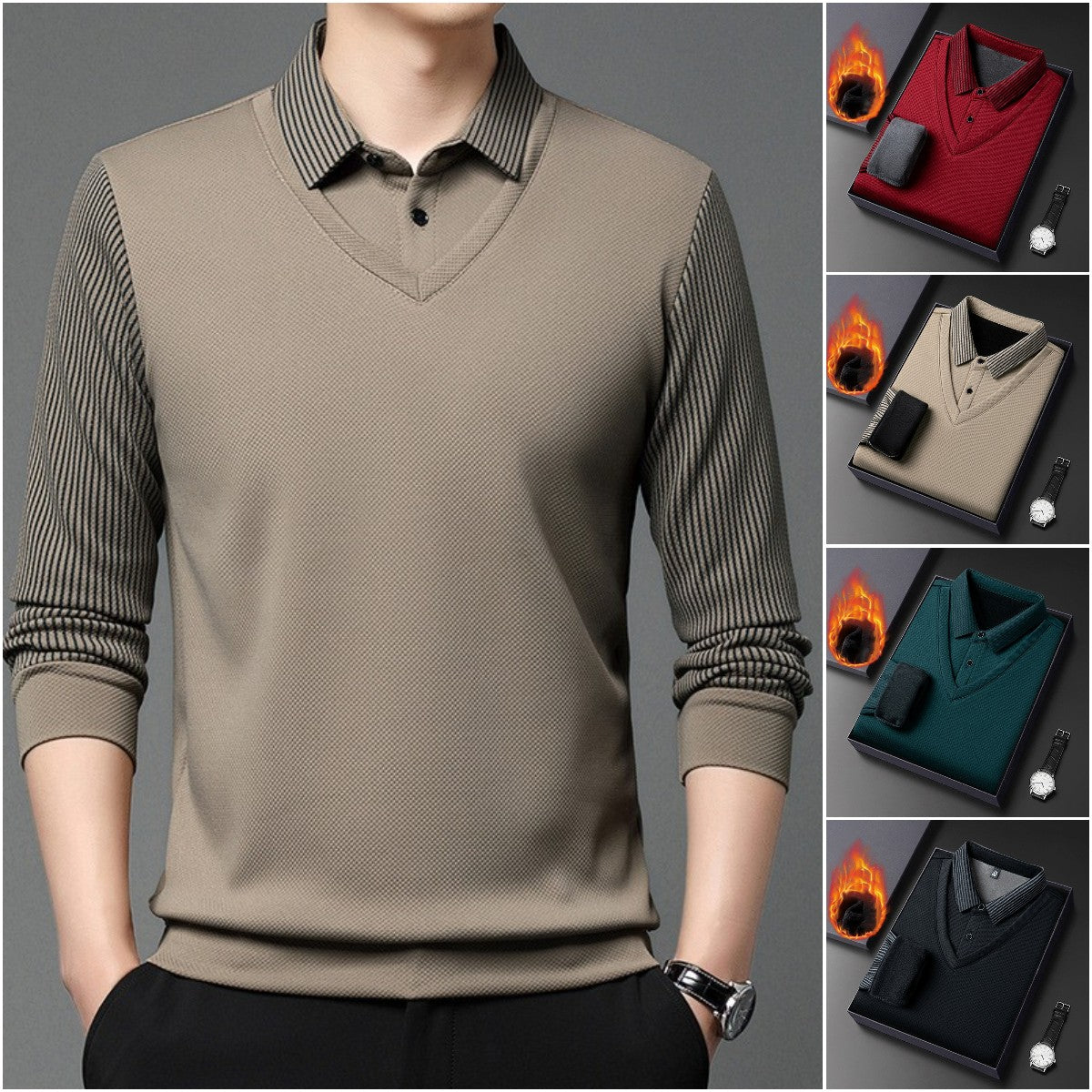 【30%OFF】【M-4XL】Cămașă POLO fals din două piese cu dungi patchwork——3895425
