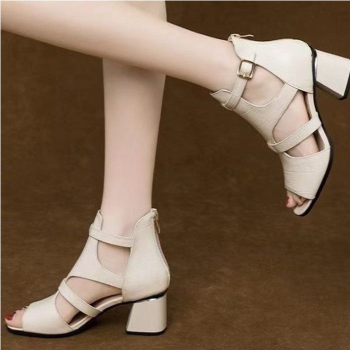 🔥👡【35-40】Noua piele moale, moale, fund de pește, gură de pește, gură goală, sandale romane cu toc gros
