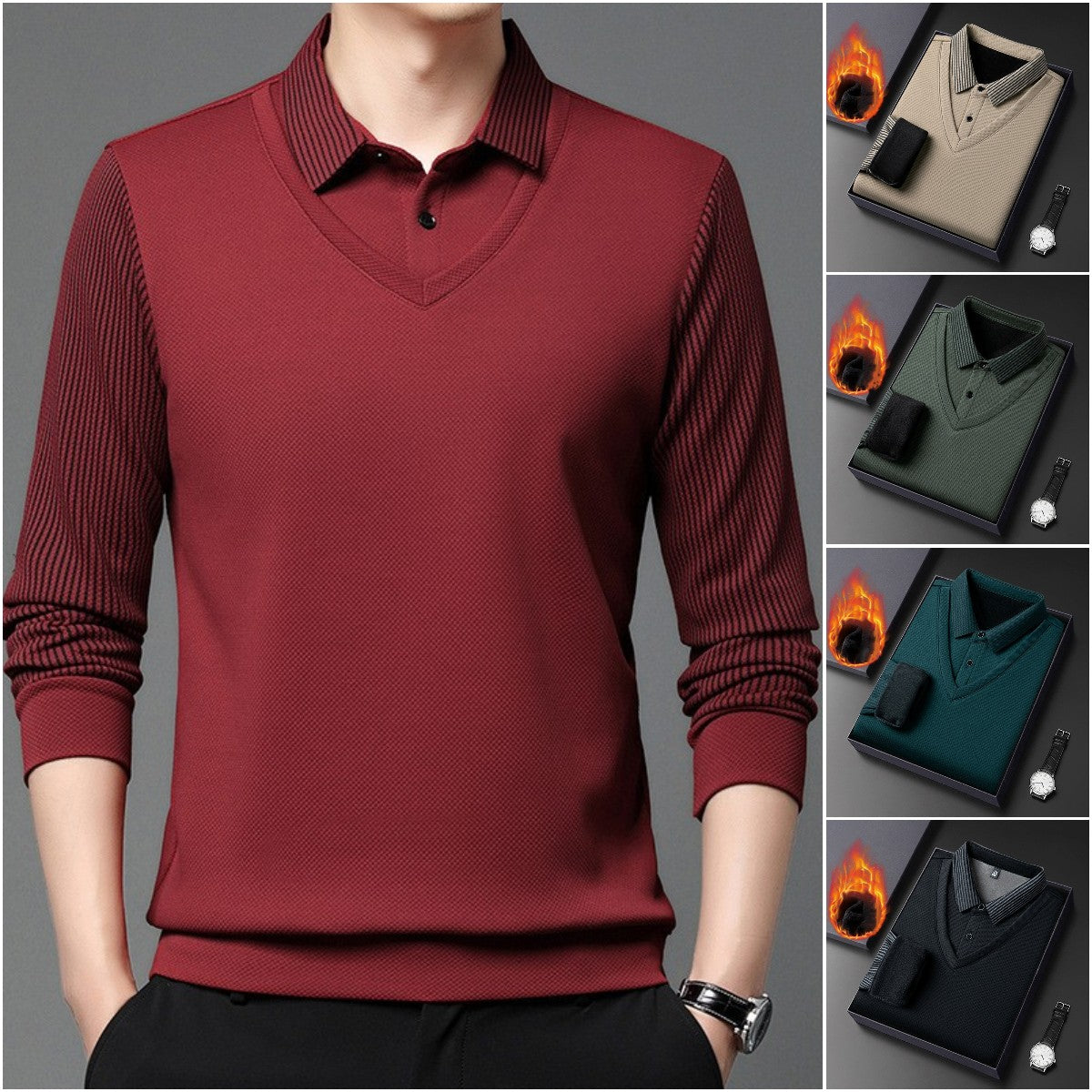 【30%OFF】【M-4XL】Cămașă POLO fals din două piese cu dungi patchwork——3895425