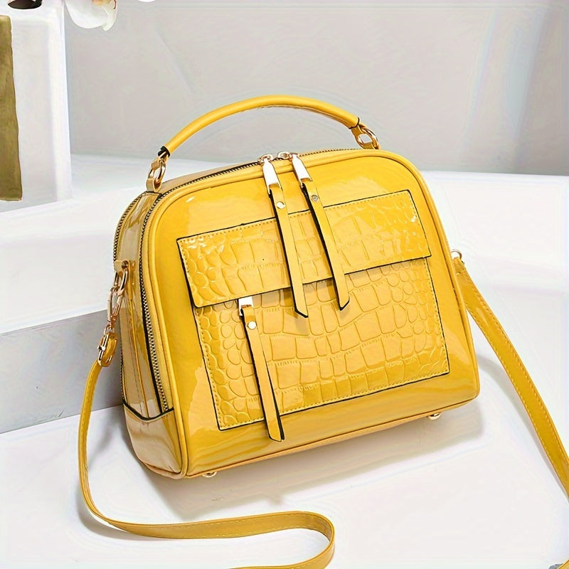 Elegantní kabelka z lakované kůže s krokodýlím vzorem, retro styl, vintage čtvercová taška přes rameno, crossbody z umělé kůže s nastavitelným popruhem pro ženy