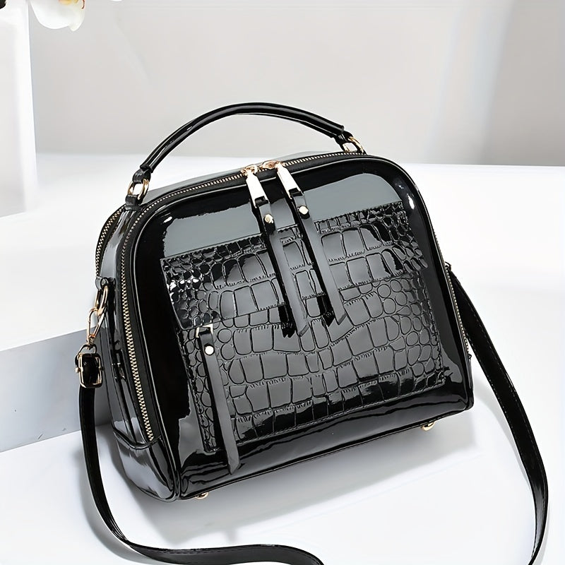 Elegantní kabelka z lakované kůže s krokodýlím vzorem, retro styl, vintage čtvercová taška přes rameno, crossbody z umělé kůže s nastavitelným popruhem pro ženy