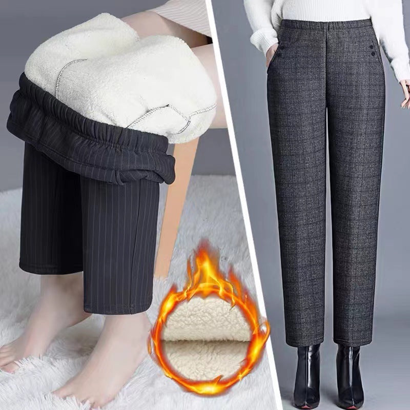 🔥【45-90 kg】Jesienno-zimowe damskie spodnie casualowe z wysokim stanem i prostymi, pluszowymi nogawkami — 3895139