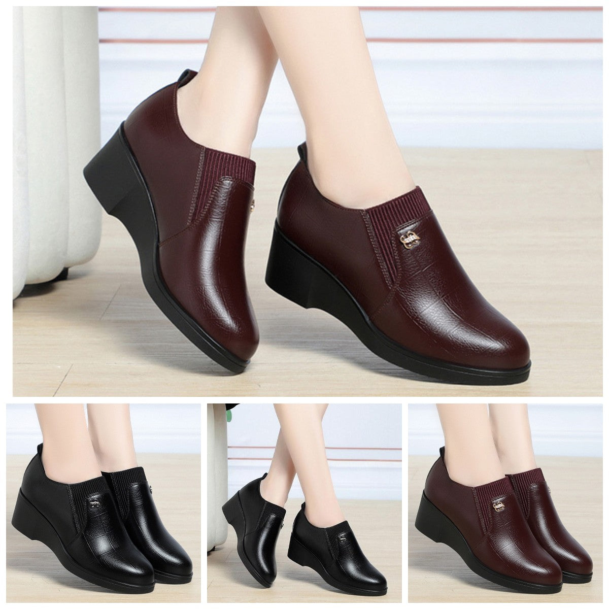 💕👠【35-41】2024 nowe skórzane buty na koturnie z miękkiej skóry i miękkiej podeszwy --3858829