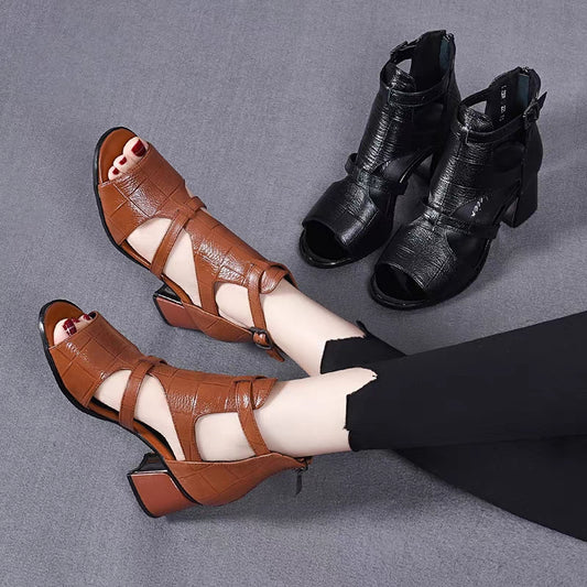 🔥👡【35-40】Noua piele moale, moale, fund de pește, gură de pește, gură goală, sandale romane cu toc gros