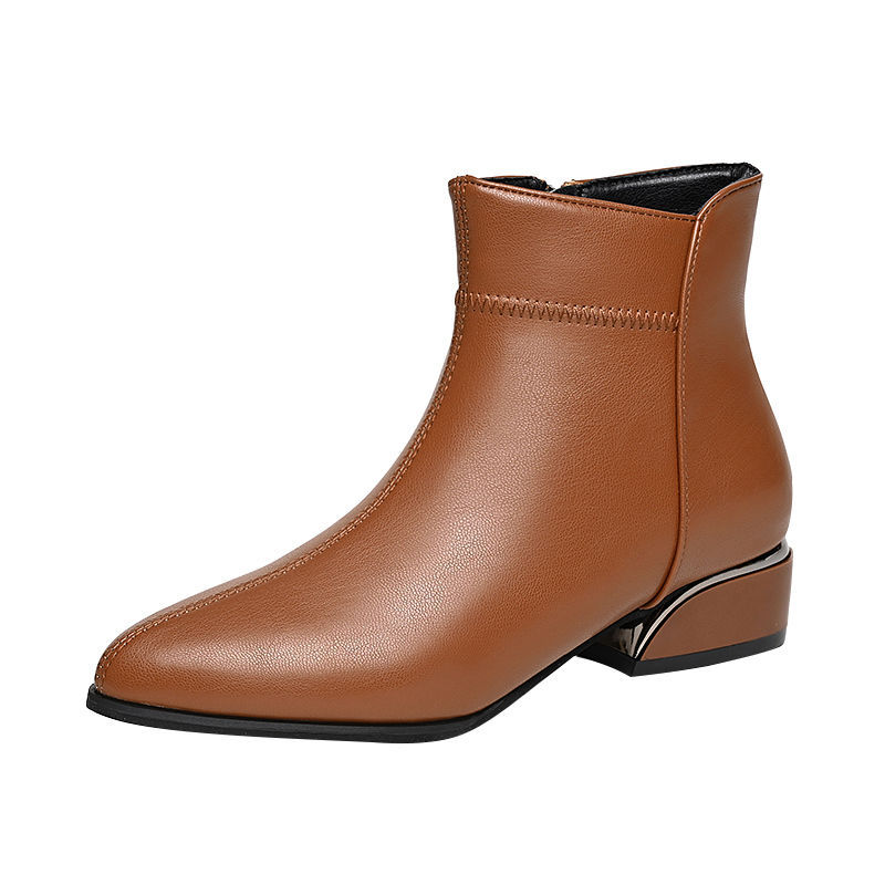🔥【50% ZNIŻKI】--【35-40】 😍Nowe skórzane botki do kostki z obcasem na średnim obcasie i zamkiem błyskawicznym z boku 