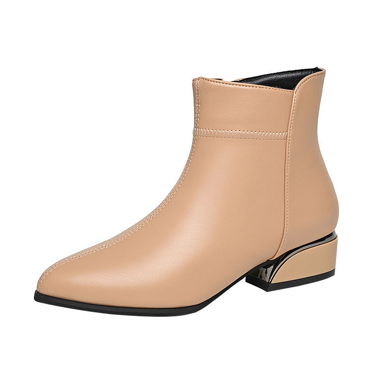 🔥【50% ZNIŻKI】--【35-40】 😍Nowe skórzane botki do kostki z obcasem na średnim obcasie i zamkiem błyskawicznym z boku 