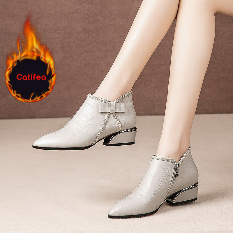 💥【50% SLEVA】🎀【35-42】Podzimní a zimní kozačky s mašlí na boku, zipem a středním podpatkem－3852818 