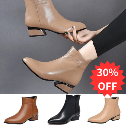 🔥【50% ZNIŻKI】--【35-40】 😍Nowe skórzane botki do kostki z obcasem na średnim obcasie i zamkiem błyskawicznym z boku 