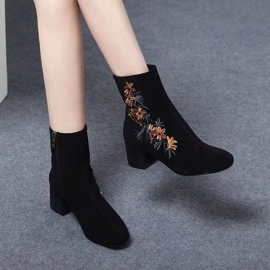 🔥🥰【50% OFF】【35-40】Iarna 2024, la noua moda pentru femei, din piele intoarsa brodata, cizme scurte de inalta calitate--3856439