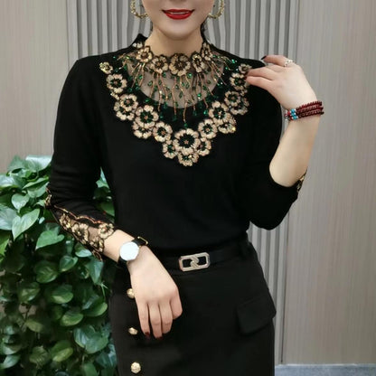 🔥Vânzare fierbinte🔥🎀【XL-6XL】Noul top cald cu mâneci lungi, din catifea de înaltă calitate, cu guler din dantelă, pentru toamnă și iarnă——3895128