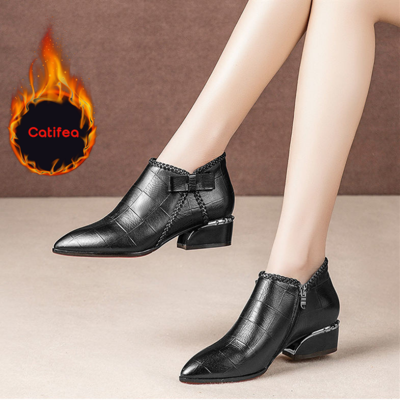 💥【50% SLEVA】🎀【35-42】Podzimní a zimní kozačky s mašlí na boku, zipem a středním podpatkem－3852818 