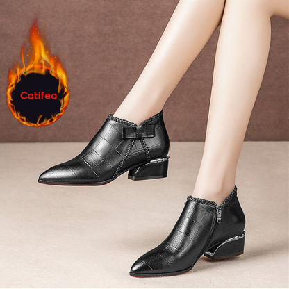 💥【50% SLEVA】🎀【35-42】Podzimní a zimní kozačky s mašlí na boku, zipem a středním podpatkem－3852818 