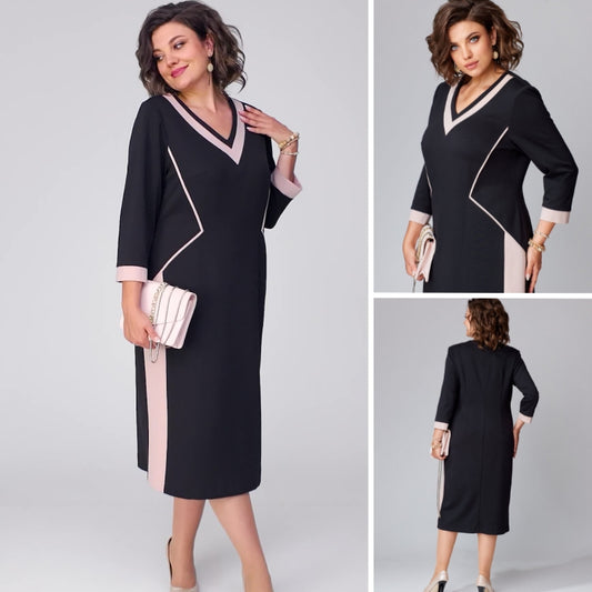 【S-5XL】Rochie elegantă cu design în două culori și decolteu în V pentru toamnă-iarnă | Croi care subțiază și alungește silueta, confortabilă și călduroasă