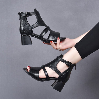 🔥👡【35-40】Noua piele moale, moale, fund de pește, gură de pește, gură goală, sandale romane cu toc gros