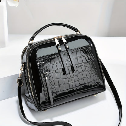 Elegantní kabelka z lakované kůže s krokodýlím vzorem, retro styl, vintage čtvercová taška přes rameno, crossbody z umělé kůže s nastavitelným popruhem pro ženy 